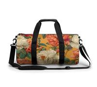 Vintage Floral Peonies Roses on Orange Travel Gym Bag for Women Men Cylindrical Duffle Bag Sport Workout Bag with Shoulder Strap
