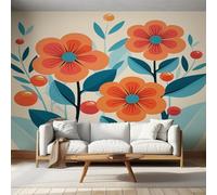 Vintage Floral Photo Wallpaper for Bedroom, Plant Flower Wall Mural for Living Room, Blue Orange Wallpaper 450x315 Nonwoven Wall Paper Home Decor W&21