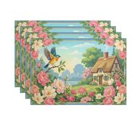Vintage Floral Placemats, Country Cottage Style Place Mats for Dining Table, Spring Summer Decorative Non-Slip Washable Indoor Outdoor Kitchen Party Set of 4