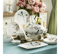 Vintage Floral Porcelain Dinnerware Set Jingdezhen Tableware Set for 10 European Bone Ceramic Dinner Plates Set Pot Plates and Bowls Set Party/Banquet/Home Cutlery Se,