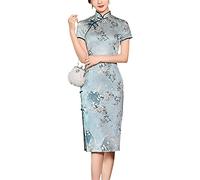 Vintage Floral Print Midi Cheongsam Qipao Dress Mandarin Collar Keyhole Short Sleeve Chinese Style Party Dress, Green, Large