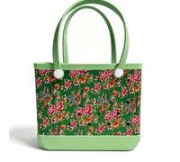 Vintage Floral Print Waterproof Beach Tote Bag, Large Eva Portable Handheld Storage Basket, Multi-purpose Washable Carry Bag For Shopping Picnic Pool green 46×24×32 cm / 18.11×9.45×12.60 in