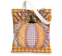 Vintage Floral Pumpkin Canvas Tote Bags, Reusable Lightweight Washable Grocery Bags for Travel Beach Picnic, Orange, 13x15 Inch