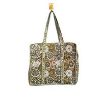 Vintage Floral Quilted Tote Bag, Green and White Daisy Pattern, Striped Trim 18 * 16 * 6