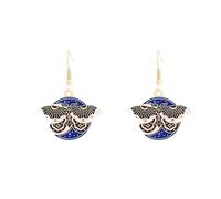 Vintage Floral Round Enamel Moth Earrings Dangle for Women Butterfly Jewellery Gifts Statement Accessories Celestial Charms (Navy)