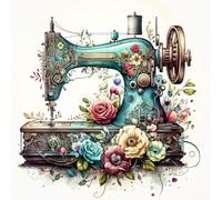Vintage Floral Sewing Machine Stamped Cross Stitch Kit for Adults, 14CT DIY Embroidery Craft for Sewing Room Decor, Complete Needlework Gift for Sewers & Crafters (40x40cm)