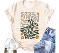 Vintage Floral Shirts Women Boho Wildflowers T-Shirt Crew Neck Graphic Tee Shirts Summer Nature Tshirts Tops, Beige, M