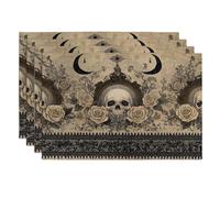 Vintage Floral Skull Placemats, Beige Gothic Decorative Place mats for Dining Table, Non-Slip Washable Indoor Outdoor Halloween Party Placemat Set of 4