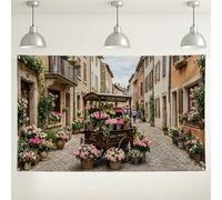 Vintage Floral Street Backdrop, Rustic Flower Market Photography Background, Peach Green Indoor/Outdoor Decorations for Events, Spring Summer Party Supplies 71x43 Inch