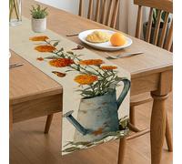 Vintage Floral Table Runner, Orange Marigold Flowers Watering Can Country Rustic Kitchen Dining Decor for Home Family Gatherings Fall Party Supplies 13x72 Inch