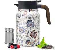 Vintage Floral Teapot, 1500ml-50oz Stainless Steel Thermal Tea Pot Coffee Jug with Built in Infuser and Wooden Handle for Hot Drinks, Insulated Coffee Carafe for Home Office Daily Need (E)