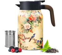 Vintage Floral Teapot, 1500ml-50oz Stainless Steel Thermal Tea Pot Coffee Jug with Built in Infuser and Wooden Handle for Hot Drinks, Insulated Coffee Carafe for Home Office Daily Need (A)