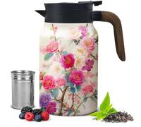 Vintage Floral Teapot, 1500ml-50oz Stainless Steel Thermal Tea Pot Coffee Jug with Built in Infuser and Wooden Handle for Hot Drinks, Insulated Coffee Carafe for Home Office Daily Need (F)