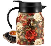 Vintage Floral Teapot,Teapot with Infuser Thermal Carafe for Hot Drinks,Built-in Infuser, 1000ml Stainless Steel Thermal Jug with Lid for Home Office (Red and White)