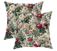 Vintage Floral Throw Pillow Covers Set of 2, Cream Red Rose Design Cushion Cases, Spring Decorative Square Home Decor for Sofa Couch Bedroom 22x22 Inch