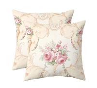 Vintage Floral Throw Pillow Covers Set of 2 Decorative Rose Art Couch Pillow Cases Farmhouse Shabby Chic Pink Peony Outdoor Cushion Cover for Bedroom Living Room Sofa, 18" x 18", Beige