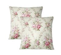 Vintage Floral Throw Pillow Covers Set of 2 Pink Rose Flowers Leaf Pillow Cases Shabby Chic Couch Cushion Cover for Sofa Bedroom Living Room, 20" x 20", Beige Pink