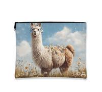 Vintage Floral Travel Cosmetic Makeup Bag, Cute Llama Daisy Meadow Canvas Zipper Pouch Organizer, Portable Skincare Toiletry Bag for Spring Festival Gift, beige, 7x9 Inch, Llama