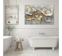 Vintage Floral Wall Art For Bathroom, Botanical Wall Art Flower Pictures Wall Decor, Gold Gray Flower Wall Art For Bedroom 40x56cm(16x22in) With-Black-Framed