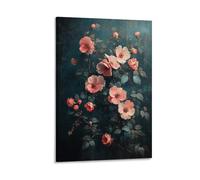 Vintage Floral Wall Art Poster Elegant Pink Roses on Dark Teal Background Romantic Botanical Print Living Room Hallway Entryway Classic Flower Canvas Home Decor Gift 12x18inch Frame