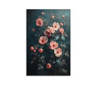 Vintage Floral Wall Art Poster Elegant Pink Roses on Dark Teal Background Romantic Botanical Print Living Room Hallway Entryway Classic Flower Canvas Home Decor Gift 20x30inch Unframe