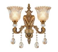 Vintage Floral Wall Mount Lamp 2 Head Crystal Glass Shade Wall Sconce Light Retro Golden Bronze Color Decoration Metal Wall Lamp, Bedside Living Room Restaurant Stairs Hotel Bars (E14 Base, No Bulb)