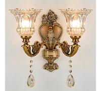 Vintage Floral Wall Mount Lamp 2 Head Crystal Glass Shade Wall Sconce Light Retro Golden Bronze Color Decoration Metal Wall Lamp, Bedside Living Room Restaurant Stairs Hotel Bars (E14 Base, No Bulb)