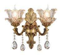 Vintage Floral Wall Mount Lamp 2 Head Crystal Glass Shade Wall Sconce Light Retro Golden Bronze Color Decoration Metal Wall Lamp, Bedside Living Room Restaurant Stairs Hotel Bars (E14 Base, No Bulb)