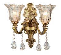 Vintage Floral Wall Mount Lamp 2 Head Crystal Glass Shade Wall Sconce Light Retro Golden Bronze Color Decoration Metal Wall Lamp, Bedside Living Room Restaurant Stairs Hotel Bars (E14 Base, No Bulb)