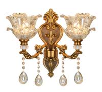 Vintage Floral Wall Mount Lamp 2 Head Crystal Glass Shade Wall Sconce Light Retro Golden Bronze Color Decoration Metal Wall Lamp, Bedside Living Room Restaurant Stairs Hotel Bars (E14 Base, No Bulb)