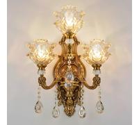 Vintage Floral Wall Mount Lamp 3 Head Crystal Glass Shade Wall Sconce Light Retro Golden Bronze Color Decoration Metal Wall Lamp, Bedside Living Room Restaurant Stairs Hotel Bars (E14 Base, No Bulb)