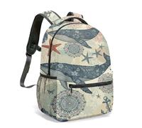 Vintage Floral Whale & Feathers Rucksack, 42cm Nautical Mandala School Bag with Anchor Starfish Design, Whimsical Fantasy Ocean Student Bookbag (01)