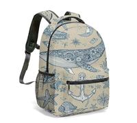 Vintage Floral Whale & Feathers Rucksack, 42cm Nautical Mandala School Bag with Anchor Starfish Design, Whimsical Fantasy Ocean Student Bookbag (05)
