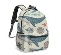 Vintage Floral Whale & Feathers Rucksack, 42cm Nautical Mandala School Bag with Anchor Starfish Design, Whimsical Fantasy Ocean Student Bookbag (02)