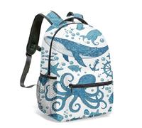 Vintage Floral Whale & Feathers Rucksack, 42cm Nautical Mandala School Bag with Anchor Starfish Design, Whimsical Fantasy Ocean Student Bookbag (03)