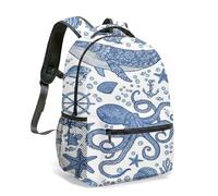 Vintage Floral Whale & Feathers Rucksack, 42cm Nautical Mandala School Bag with Anchor Starfish Design, Whimsical Fantasy Ocean Student Bookbag (04)