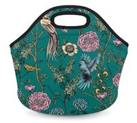 Vintage Flower Bird Neoprene Lunch Bag, Green Soft Insulated Lunch Box Tote Container Cooler Warm Picnic Bags for Women, Men, Teen, Girls, Boys