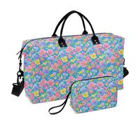 Vintage Flower Blue Peach Oversized Travel Duffel Bag Carry On Shoulder Weekend Tote Sports Tote Gym Bag with Adjustable Strap for Airplane Traveling 2 Pcs Set Bolsa de lona para