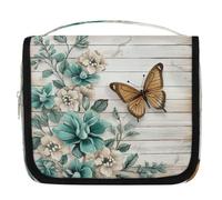 Vintage Flower Butterfly Wooden Floral Travel Toiletry Bag with Hanging Hook, Waterproof Hanging Makeup Organizer Portable Cosmetic Bag for Women & Men Travel Essentials Accessories
