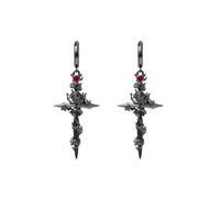 Vintage Flower Cross Dangle Hoop Earrings for Women Unique Red CZ Love Heart Thorn Rose Sword Statement Charms Drop Small Hoops Cartilage Earring Fashion Halloween Party Jewelry Gifts, M, Metal, No