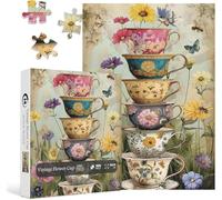 Vintage Flower Cup Puzzle for Adults 1000 Pieces, Nature Challenging Spring Floral Plant Puzzles, Retro Cups Garden Puzzle with Butterfly and Bee as Home Wall Art Decor