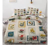 Vintage Flower Double Duvet Cover Set 3 Pieces - Retro Stamp Quilt Cover with 2 Pillowcases 50x75cm, Reversible Soft Microfiber Bedding Set with Zipper Closure 200x200 cm