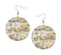 Vintage Flower Rabbit Bunny Easter Prints Leather Round Earrings Pendant Stylish And Light Lightweight Dangle For Women Girls, One Size, Leather, No Gemstone