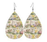 Vintage Flower Rabbit Bunny Easter Prints Leather Teardrop earrings Pendant Stylish and light Lightweight Dangle for Women Girls, One Size, Leather, No Gemstone