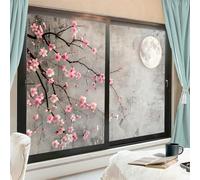Vintage Flower Stained Glass Window Film, Modern Pink Cherry Blossom Moon Tree Decorative Frosted Glass Privacy Film, Heat Control Static Cling Window Sticker 70x100 cm x 2 Pcs