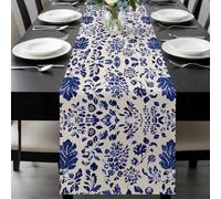 Vintage Flower Table Runner 13x70 Inches Long Spring Abstract Dark Blue Floral Leaf Pattern Linen Texture Cotton Linen Table Runner Burlap Style for Dinner Table Party Decor Tabletop Decorations