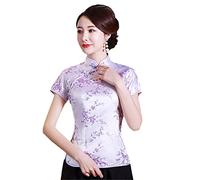 Vintage Flower Women Chinese Traditional Satin Summer Shirt Novelty Dragon Clothing Tops Novelty Clothes A0030 Light Purple M
