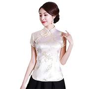 Vintage Flower Women Chinese Traditional Satin Summer Shirt Novelty Dragon Clothing Tops Novelty Clothes A0024 Light Yellow S