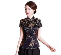 Vintage Flower Women Chinese Traditional Satin Summer Shirt Novelty Dragon Clothing Tops Novelty Clothes A0017 Black XS