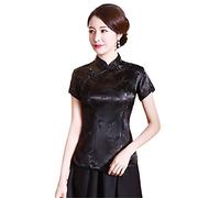Vintage Flower Women Chinese Traditional Satin Summer Shirt Novelty Dragon Clothing Tops Novelty Clothes A0023 Black S